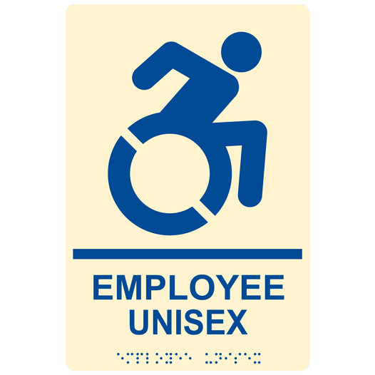 Ivory Braille EMPLOYEE UNISEX Sign with Dynamic Accessibility Symbol RRE-35202R-Blue_on_Ivory