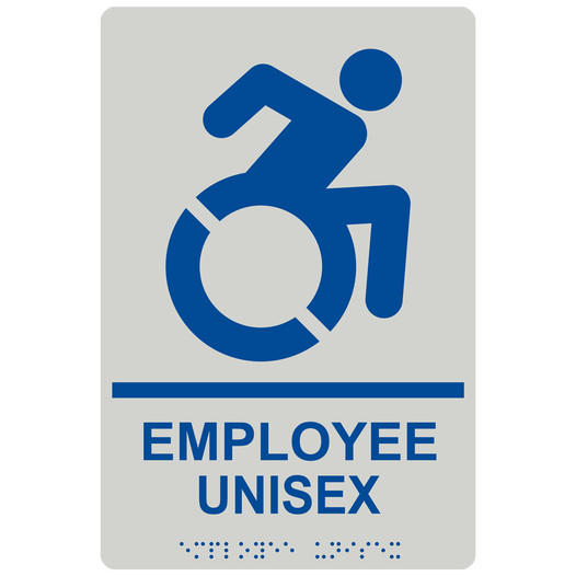 Pearl Gray Braille EMPLOYEE UNISEX Sign with Dynamic Accessibility Symbol RRE-35202R-Blue_on_PearlGray