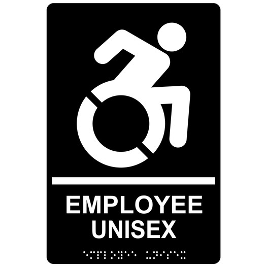 Black Braille EMPLOYEE UNISEX Sign with Dynamic Accessibility Symbol RRE-35202R-White_on_Black