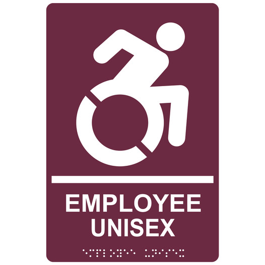 Burgundy Braille EMPLOYEE UNISEX Sign with Dynamic Accessibility Symbol RRE-35202R-White_on_Burgundy