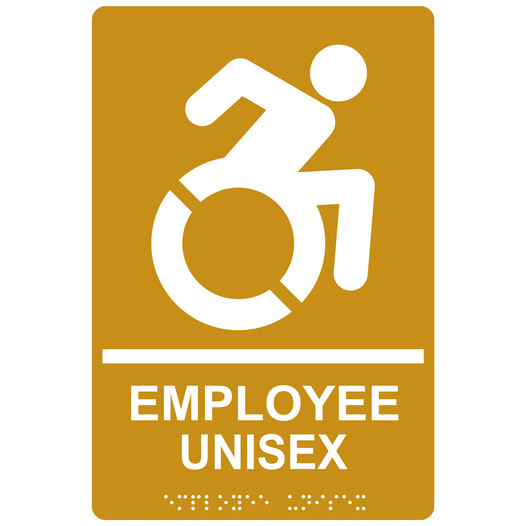 Gold Braille EMPLOYEE UNISEX Sign with Dynamic Accessibility Symbol RRE-35202R-White_on_Gold