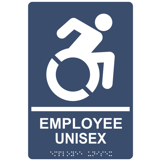 Navy Braille EMPLOYEE UNISEX Sign with Dynamic Accessibility Symbol RRE-35202R-White_on_Navy