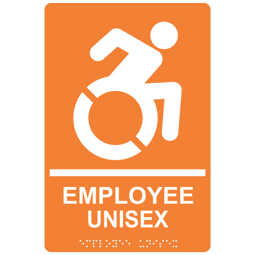 Orange Braille EMPLOYEE UNISEX Sign with Dynamic Accessibility Symbol RRE-35202R-White_on_Orange
