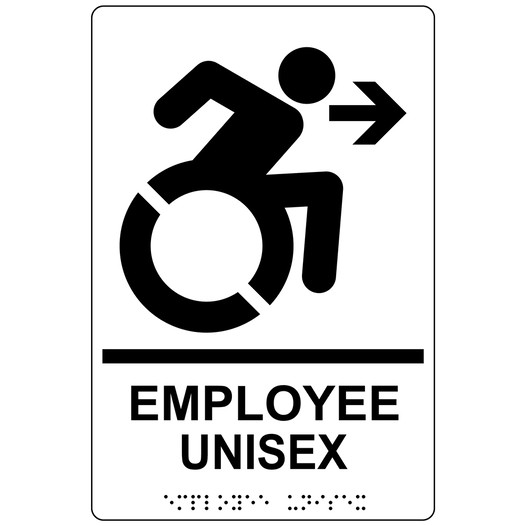 White Braille EMPLOYEE UNISEX Right Sign with Dynamic Accessibility Symbol RRE-35203R-Black_on_White