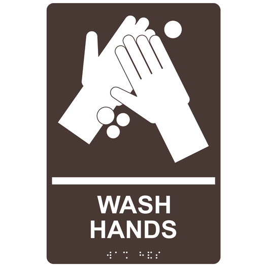 Dark Brown ADA Braille WASH HANDS Sign with Symbol RRE-991_White_on_DarkBrown