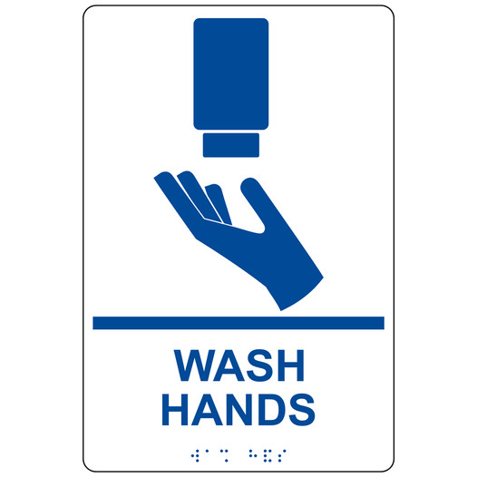White ADA Braille WASH HANDS Sign with Symbol RRE-993_Blue_on_White