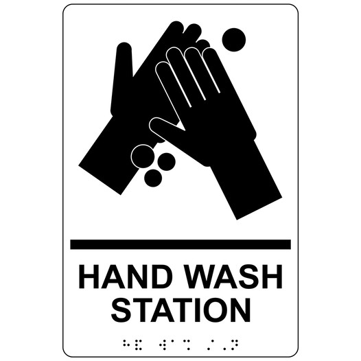 White ADA Braille HAND WASH STATION Sign with Symbol RRE-997_Black_on_White