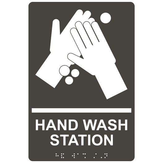 Charcoal Gray ADA Braille HAND WASH STATION Sign with Symbol RRE-997_White_on_CharcoalGray