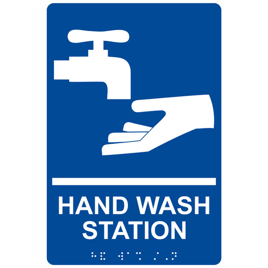 Blue ADA Braille HAND WASH STATION Sign with Symbol RRE-998_White_on_Blue
