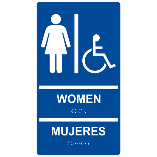Blue ADA Braille WOMEN - MUJERES Accessible Restroom Sign RRB-130_White_on_Blue