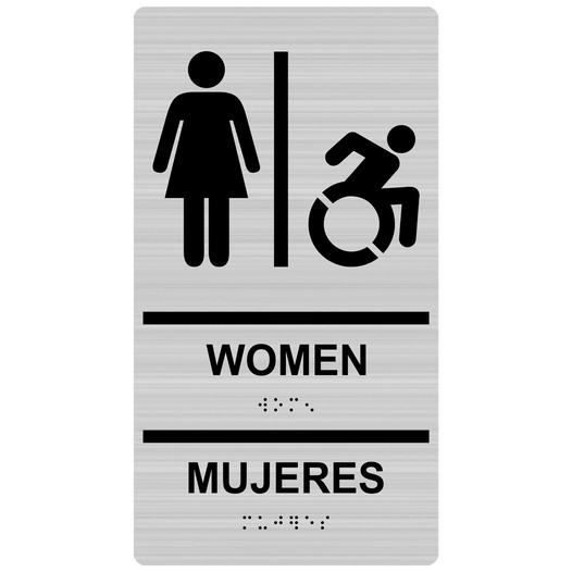 Brushed Silver Braille WOMEN MUJERES Sign with Dynamic Accessibility Symbol RRB-130R_Black_on_BrushedSilver