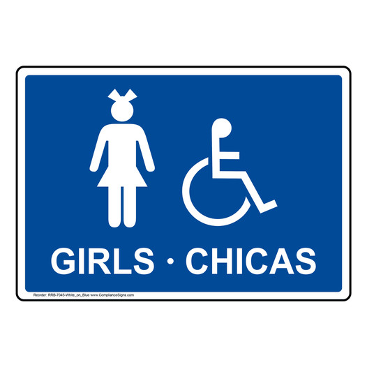 Blue Accessible GIRLS - CHICAS Sign With Symbol RRB-7045-White_on_Blue