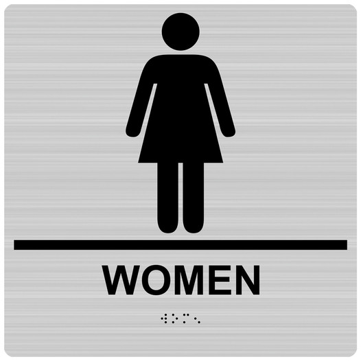 Square Brushed Silver ADA Braille WOMEN Restroom Sign RRE-125-99_Black_on_BrushedSilver