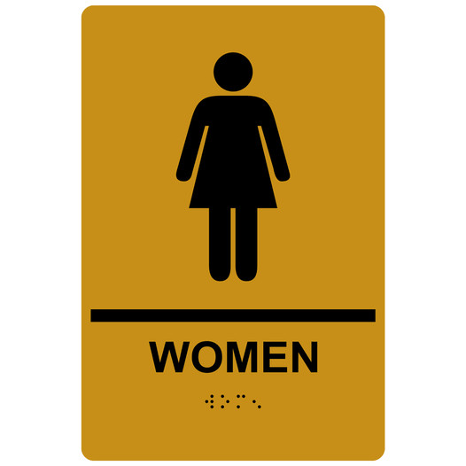 Gold ADA Braille WOMEN Restroom Sign with Symbol RRE-125_Black_on_Gold