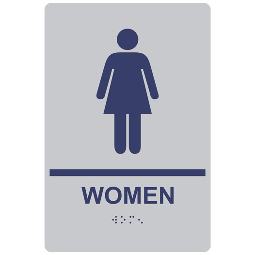 Silver ADA Braille WOMEN Restroom Sign with Symbol RRE-125_MarineBlue_on_Silver