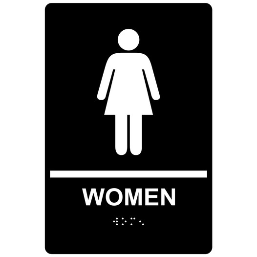 Black ADA Braille WOMEN Restroom Sign with Symbol RRE-125_White_on_Black