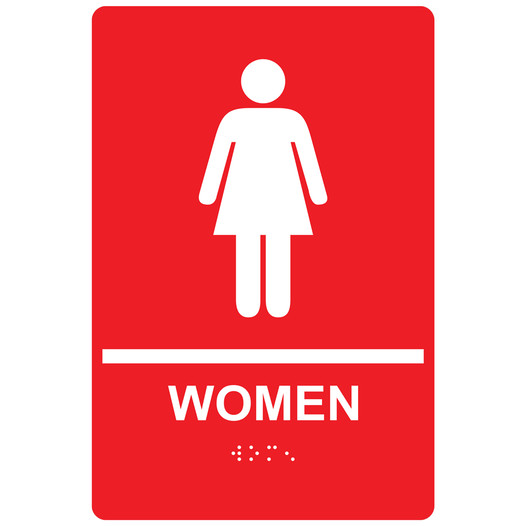 Red ADA Braille WOMEN Restroom Sign with Symbol RRE-125_White_on_Red