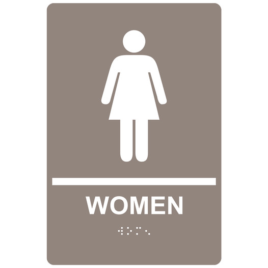 Taupe ADA Braille WOMEN Restroom Sign with Symbol RRE-125_White_on_Taupe