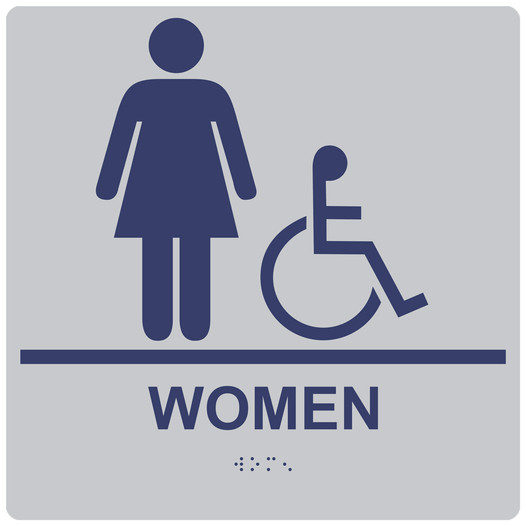 Square Silver ADA Braille Accessible WOMEN Sign - RRE-130-99_MarineBlue_on_Silver