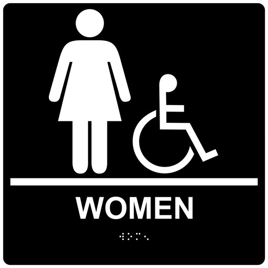 Square Black ADA Braille Accessible WOMEN Sign - RRE-130-99_White_on_Black