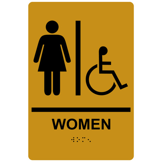Gold ADA Braille WOMEN Accessible Restroom Sign RRE-130_Black_on_Gold