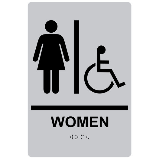 Silver ADA Braille WOMEN Accessible Restroom Sign RRE-130_Black_on_Silver