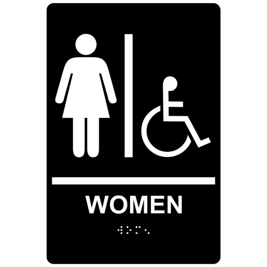 Black ADA Braille WOMEN Accessible Restroom Sign RRE-130_White_on_Black