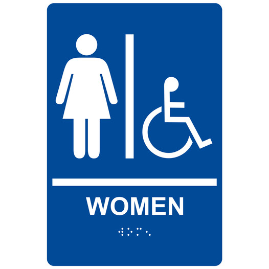 Blue ADA Braille WOMEN Accessible Restroom Sign RRE-130_White_on_Blue