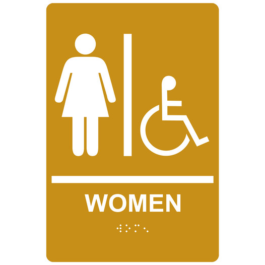 Gold ADA Braille WOMEN Accessible Restroom Sign RRE-130_White_on_Gold
