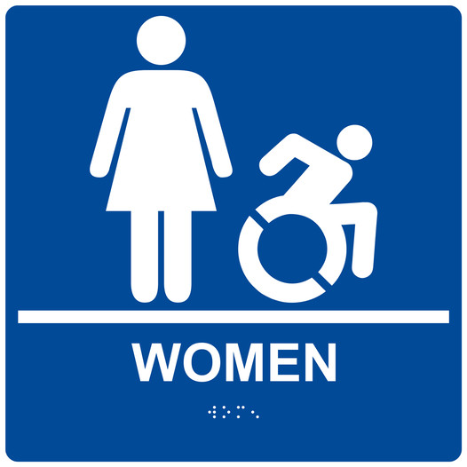 Square Blue Braille WOMEN Sign with Dynamic Accessibility Symbol - RRE-130R-99_White_on_Blue