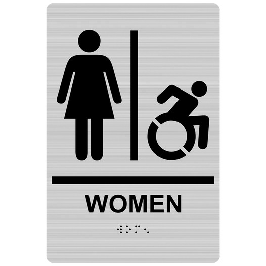 Brushed Silver Braille WOMEN Restroom Sign with Dynamic Accessibiity Symbol RRE-130R_Black_on_BrushedSilver