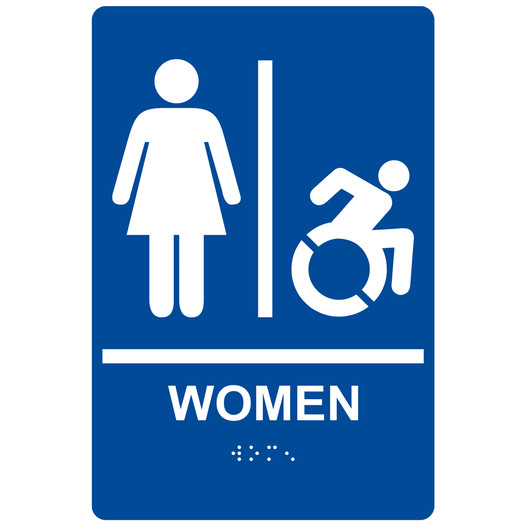 Blue Braille WOMEN Restroom Sign with Dynamic Accessibility Symbol RRE-130R_White_on_Blue