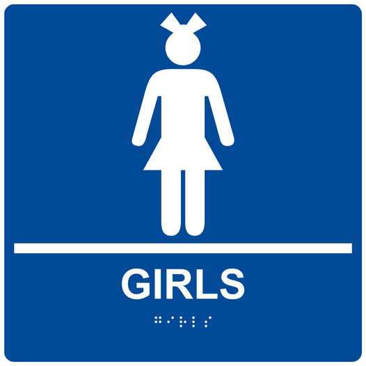 Square Blue ADA Braille GIRLS Sign - RRE-135-99_White_on_Blue