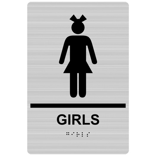 Brushed Silver ADA Braille GIRLS Restroom Sign RRE-135_Black_on_BrushedSilver