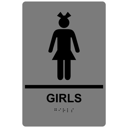 Gray ADA Braille GIRLS Restroom Sign RRE-135_Black_on_Gray