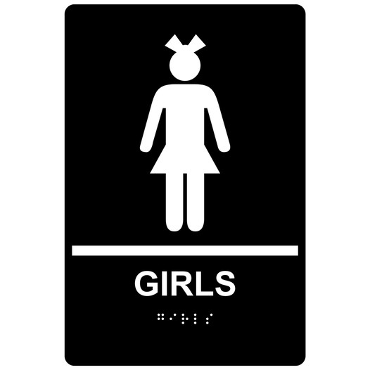 Black ADA Braille GIRLS Restroom Sign RRE-135_White_on_Black
