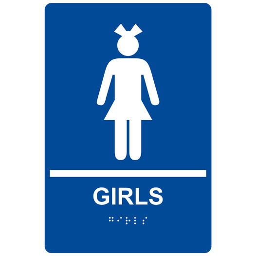 Blue ADA Braille GIRLS Restroom Sign RRE-135_White_on_Blue