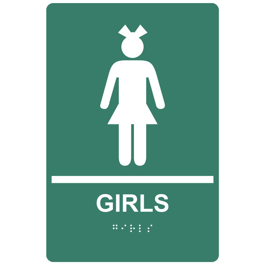 Pine Green ADA Braille GIRLS Restroom Sign RRE-135_White_on_PineGreen