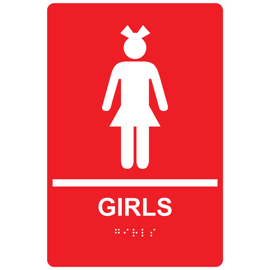 Red ADA Braille GIRLS Restroom Sign RRE-135_White_on_Red