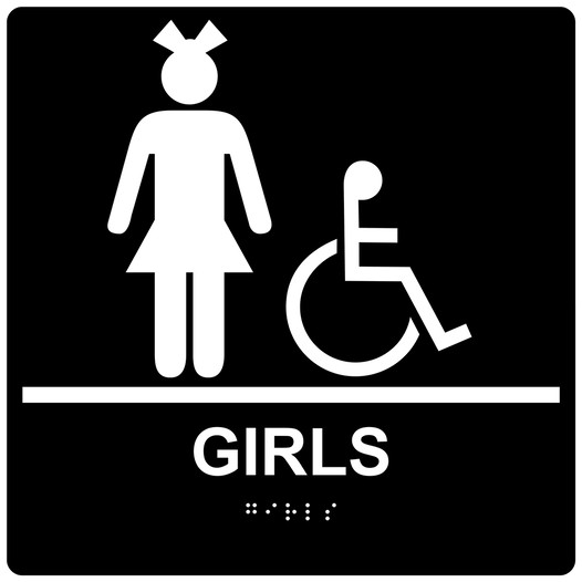 Square Black ADA Braille Accessible GIRLS Sign - RRE-140-99_White_on_Black