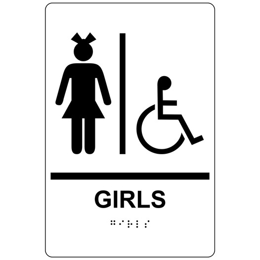 White ADA Braille GIRLS Accessible Restroom Sign RRE-140_Black_on_White