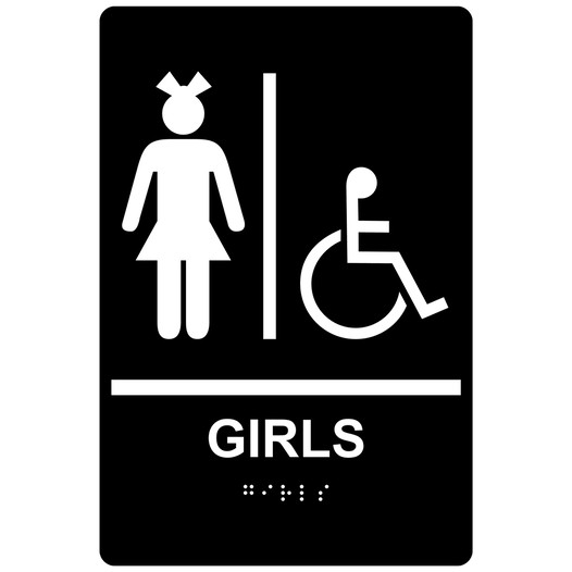 Black ADA Braille GIRLS Accessible Restroom Sign RRE-140_White_on_Black