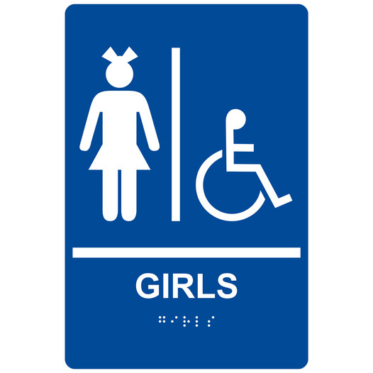 Blue ADA Braille GIRLS Accessible Restroom Sign RRE-140_White_on_Blue