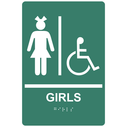 Pine Green ADA Braille GIRLS Accessible Restroom Sign RRE-140_White_on_PineGreen