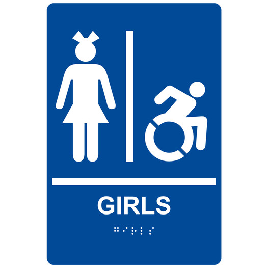 Blue Braille GIRLS Restroom Sign with Dynamic Accessibility Symbol RRE-140R_White_on_Blue