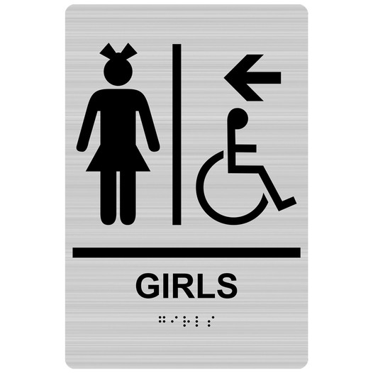 Brushed Silver ADA Braille Accessible GIRLS Restroom Left Sign RRE-14799_Black_on_BrushedSilver