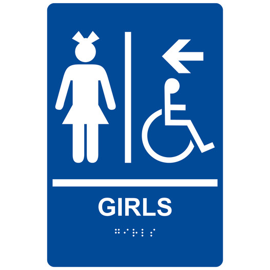 Blue ADA Braille Accessible GIRLS Restroom Left Sign RRE-14799_White_on_Blue