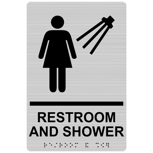 Brushed Silver ADA Braille Women's RESTROOM AND SHOWER Sign with Symbol RRE-14823_Black_on_BrushedSilver