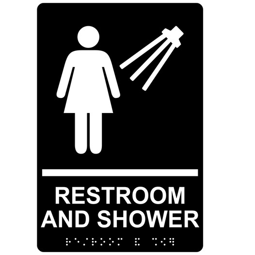 Black ADA Braille Women's RESTROOM AND SHOWER Sign with Symbol RRE-14823_White_on_Black