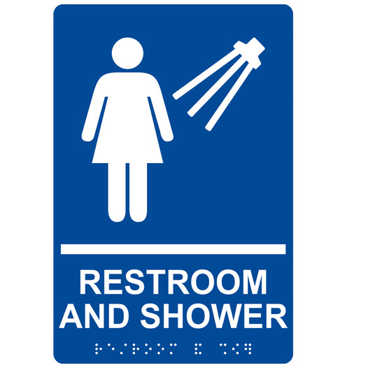 Blue ADA Braille Women's RESTROOM AND SHOWER Sign with Symbol RRE-14823_White_on_Blue